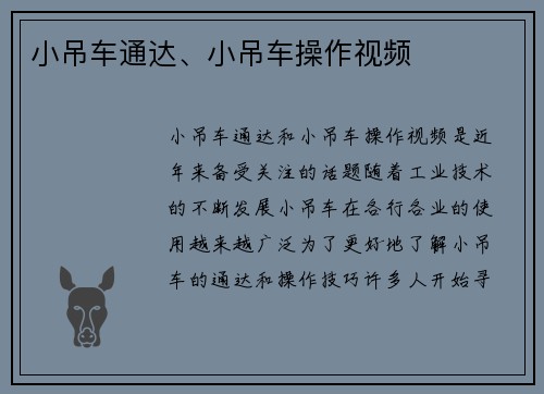 小吊车通达、小吊车操作视频