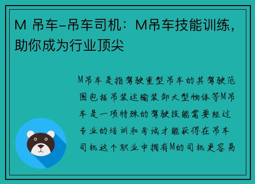 M 吊车-吊车司机：M吊车技能训练，助你成为行业顶尖