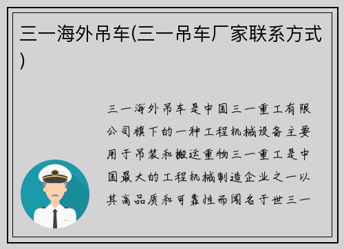 三一海外吊车(三一吊车厂家联系方式)